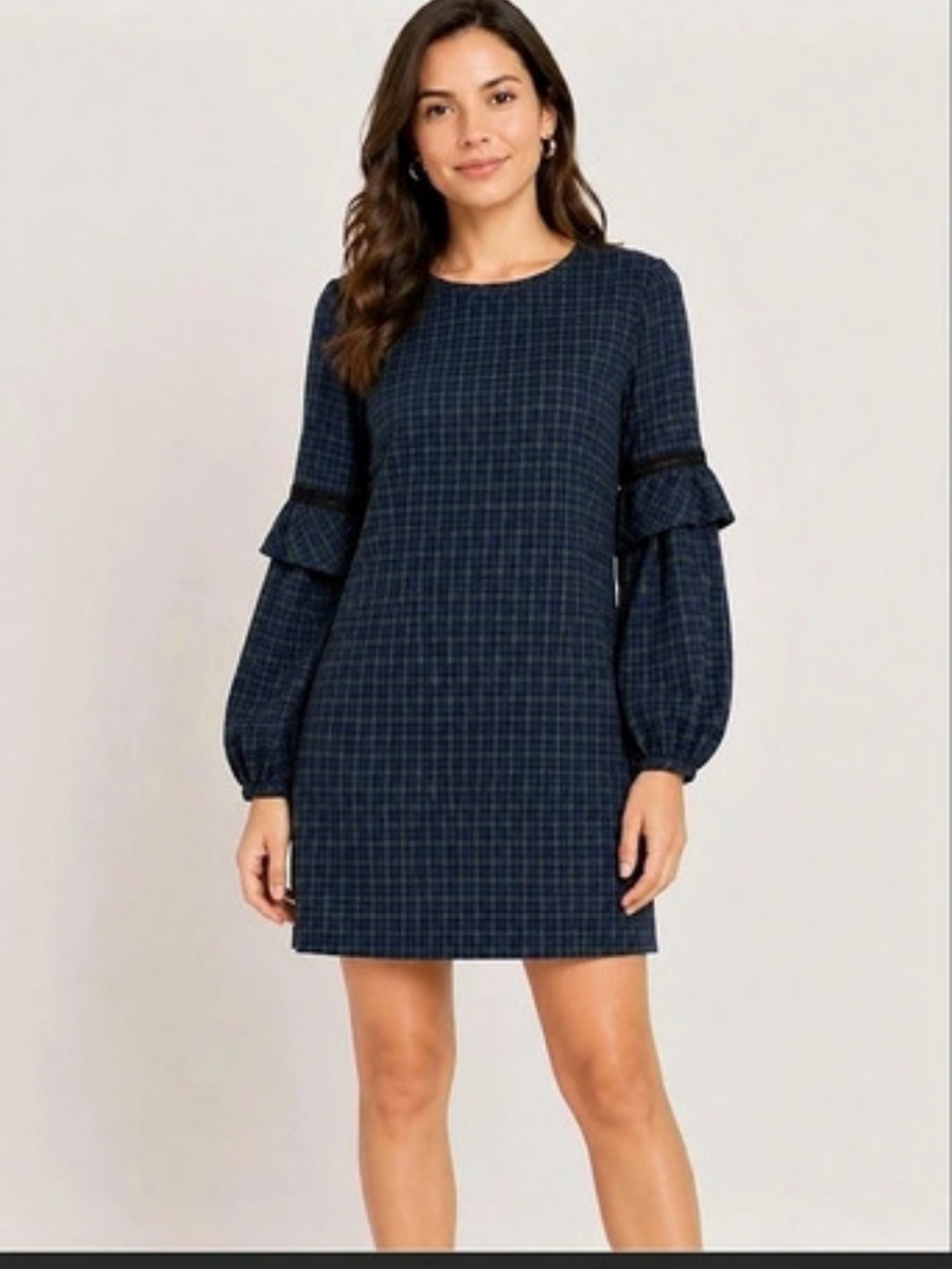 LOFT Plaid Ruffle Sleeve Mini Dress Size 8